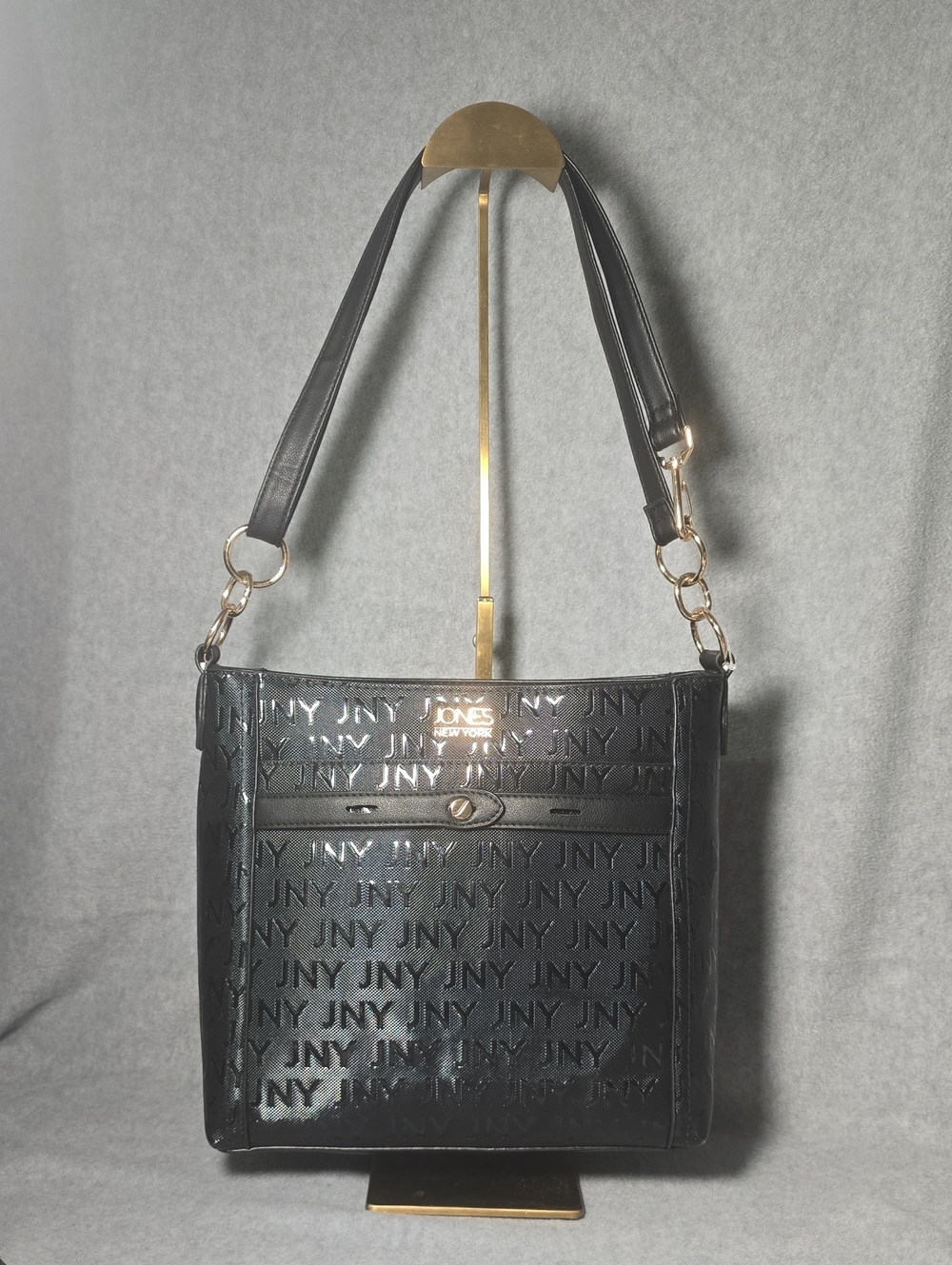 Jones New York Black Patent Logo Crossbody/ Shoulder Tote with Gold Hardware